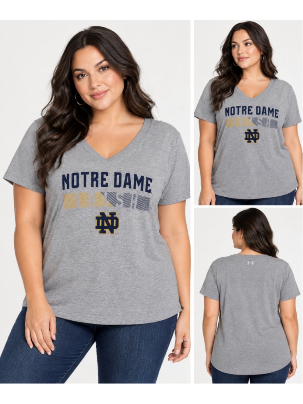 Under Armour Notre Dame Fighting Irish HeatGear V Neck Tee Women L Gray